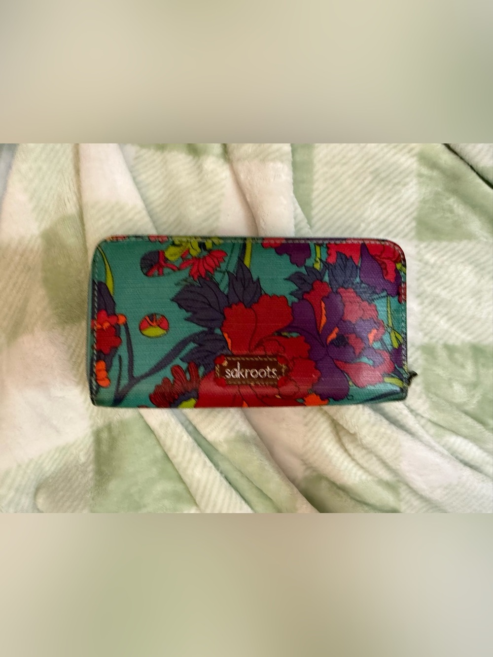 Sakroots Teal Floral Wallet with Red and Purple Blooms zip around